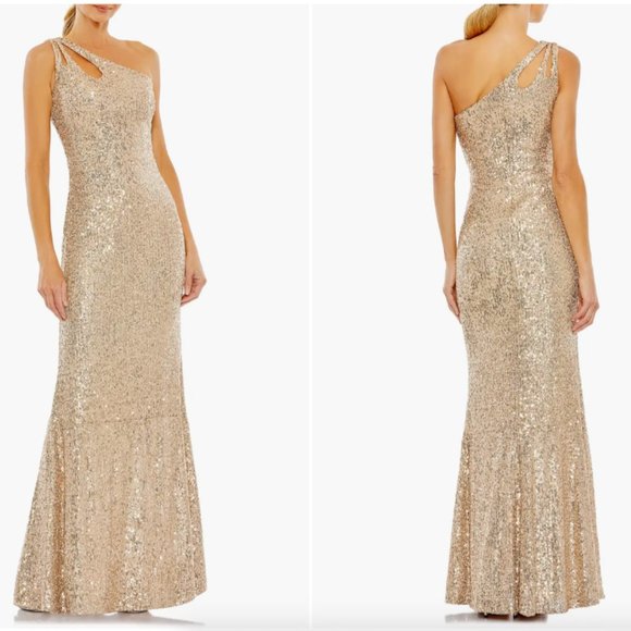 MAC DUGGAL SEQUINED STRAPPY ONE SHOULDER COLUMN GOLD GOWN sz 14 - Picture 1 of 3
